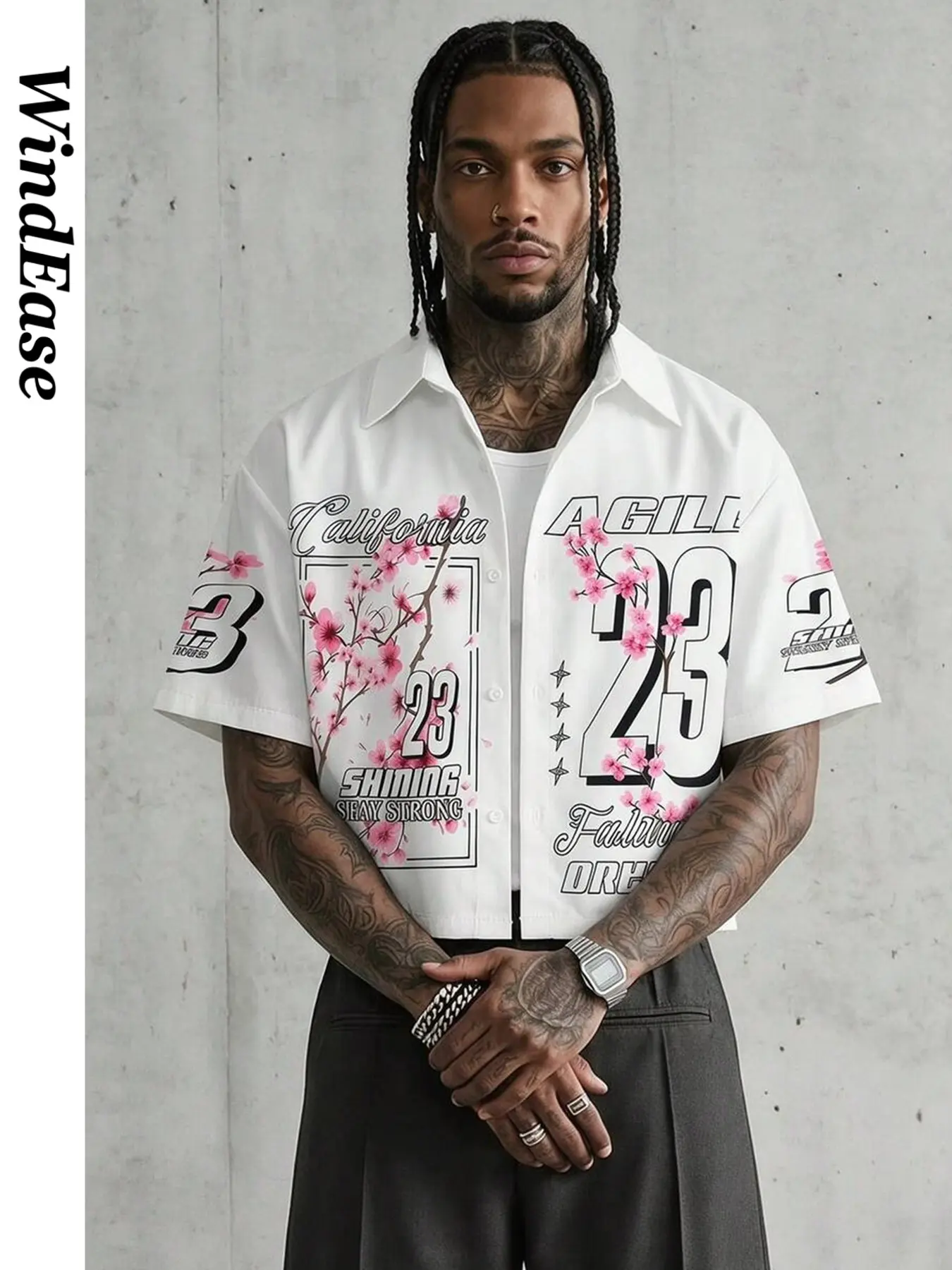 Men's Y2K Cropped Camp Collar Button Down Shirt, Vintage Pink Cherry Blossom Print Short Sleeve, Lightweight Breathable Loose Fit Casual Shirt, Casual Trendy Shirt For Summer Beach Skate Streetwear