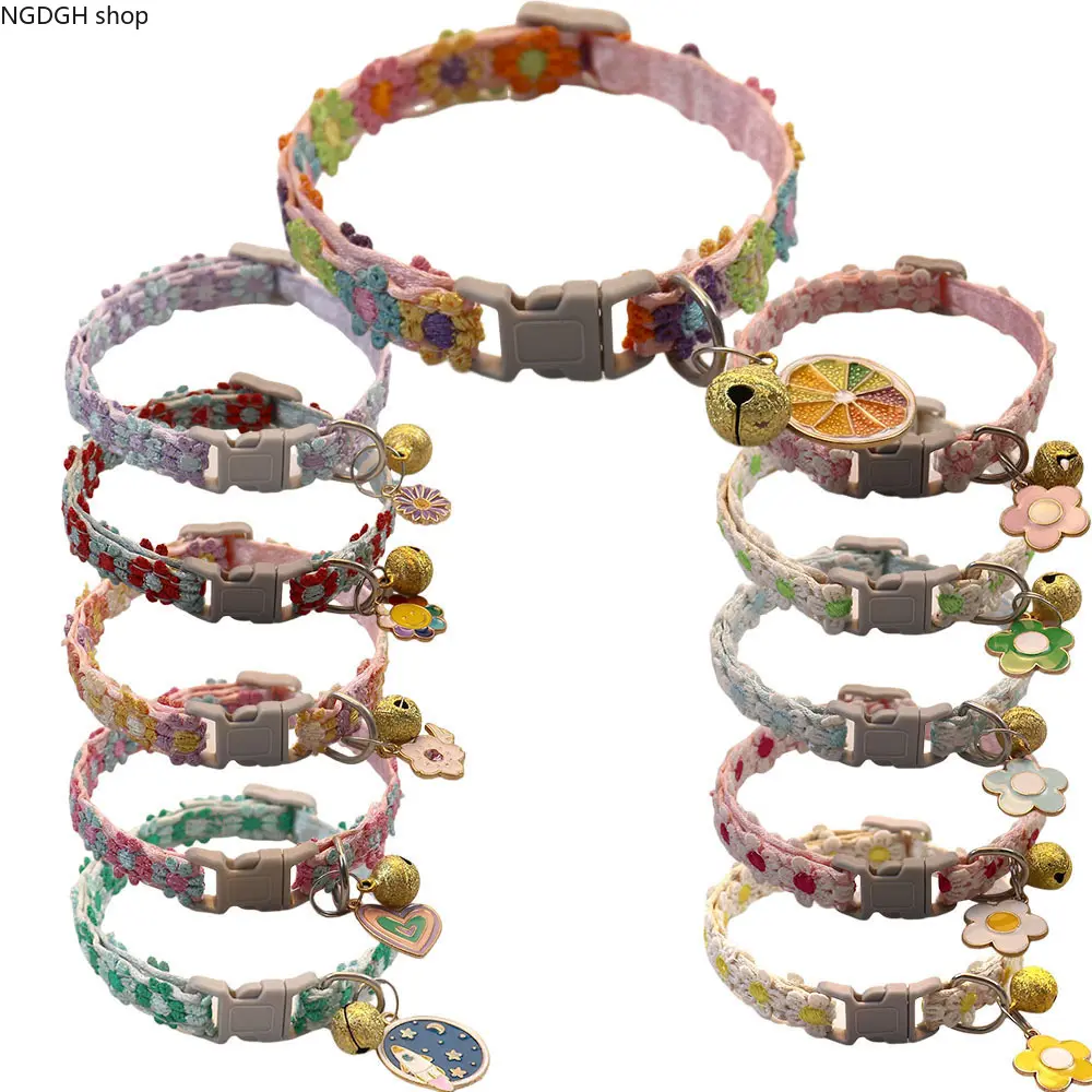 Flower Collar - Embroidered Pet Collar with Bell Adjustable Floral Pink Cute Kitten Puppy Cat Dog Daily Wear Neck Accessory Jewelry