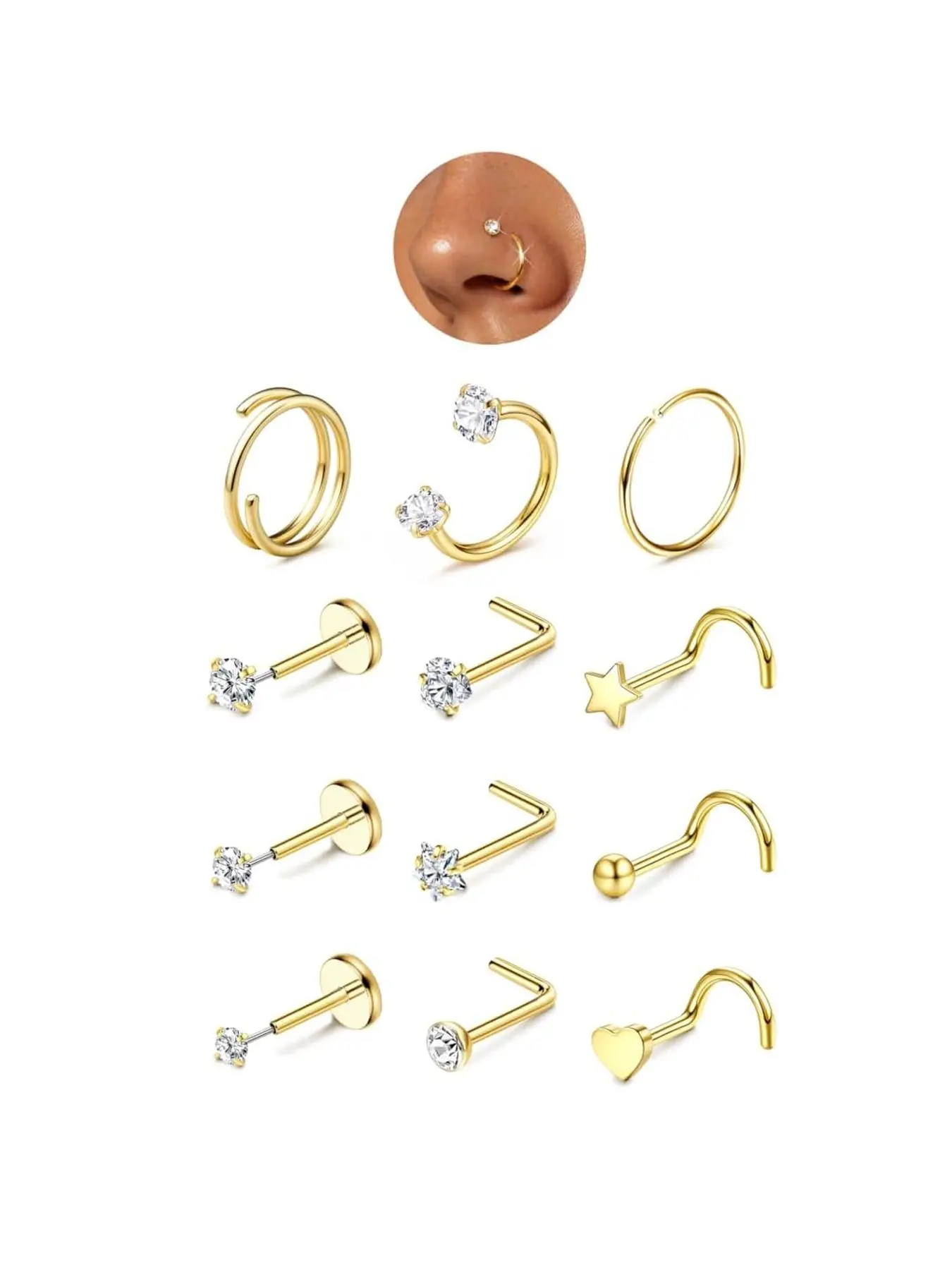 Mixed Cz Diamond Nose Rings & Studs Set, Stainless Steel Heart Star Ball L-Bend Screw Nose Piercing Hoops, Hypoallergenic Body Jewelry for Women