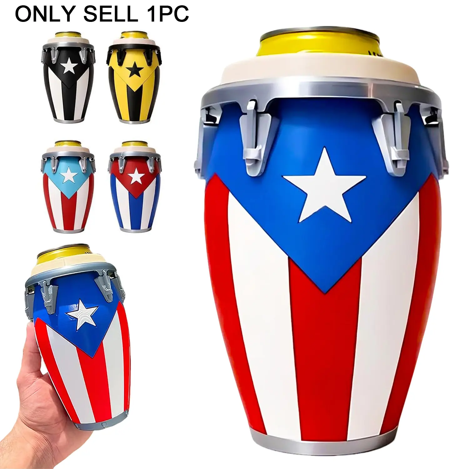Conga Style Can Holder, 3D Printed Puerto Rico Conga Drum Can Cooler, Puerto Rican Flag Insulated Beer Can Holder, Portable Beverage Carrier, Cold Beverage Holder, 12oz Can Drink Cooler for Latin Party, Festival, BBQ, Puerto Rico Gift