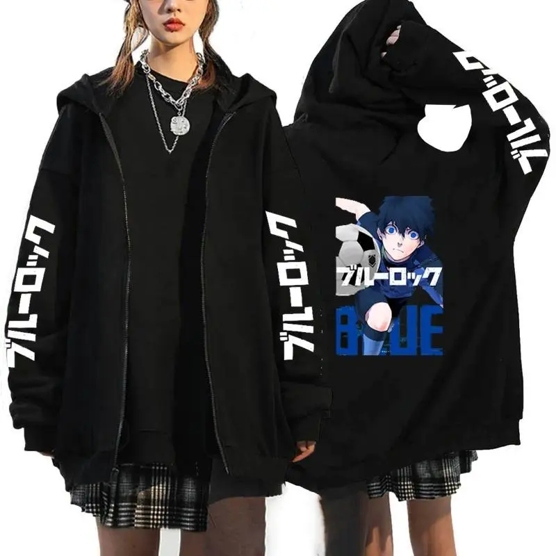 Blue Lock Isagi Yoichi Graphic Zip-Up Hoodie, Unisex Harajuku Style Loose Cut Long Sleeve Casual Sports Top for All-Seasons, Sweatshirts