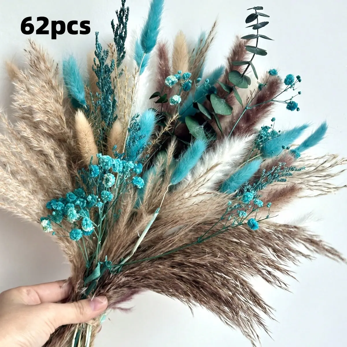 62-Piece Colorful Mixed Plastic Dried Flower Bouquet with Bunny Tail Grass, Pampas Grass, Eucalyptus Leaves - Decorative Floral Arrangement for Home, Wedding Decor