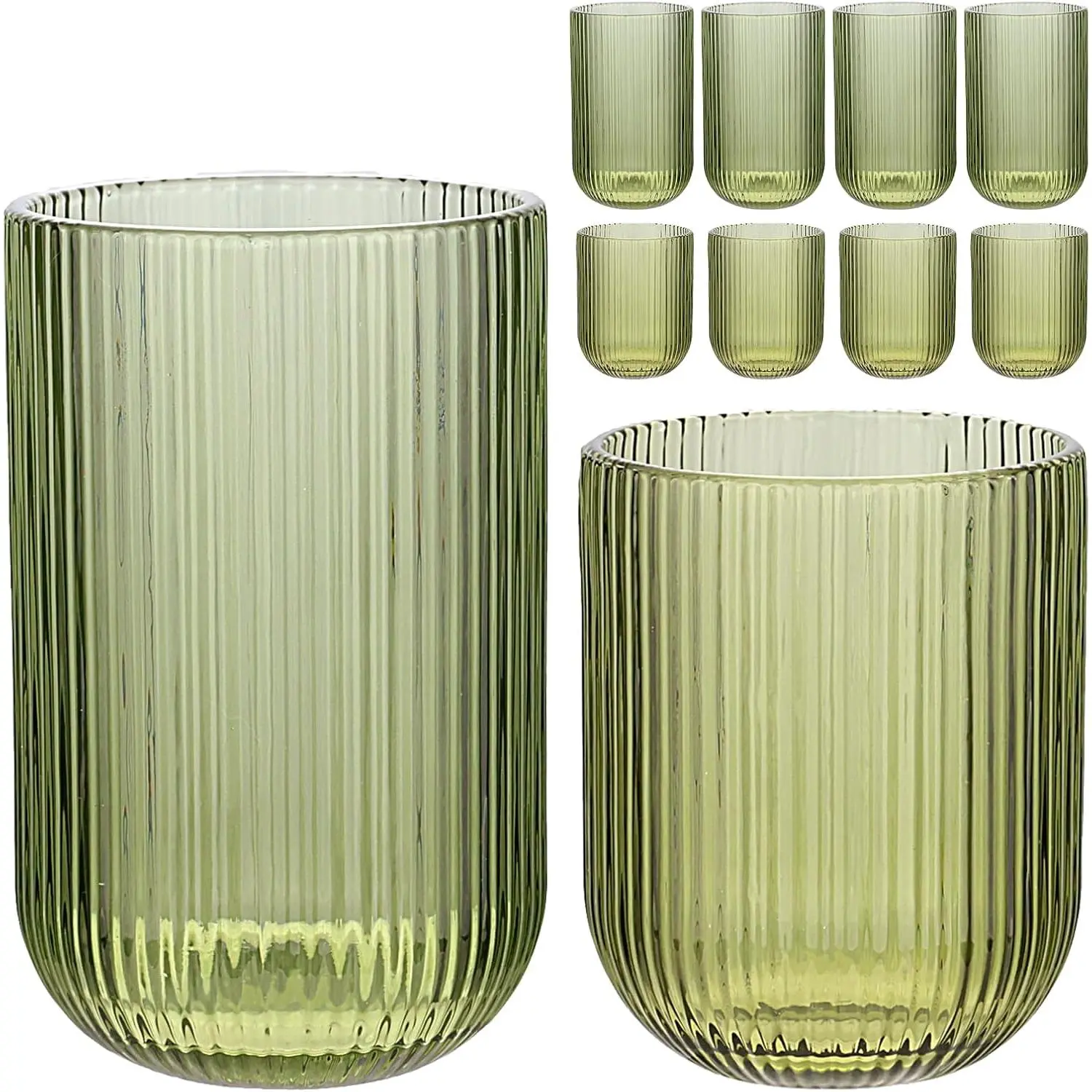 Set of 8 Ribbed Glassware,4 Highball Glasses 14oz & 4 Rocks Drinking Glasses 9oz, Green, Origami Style, Fluted Design, for Milk, Water, Cocktail, Juice, Beer, ToothBrush Cup, Gift