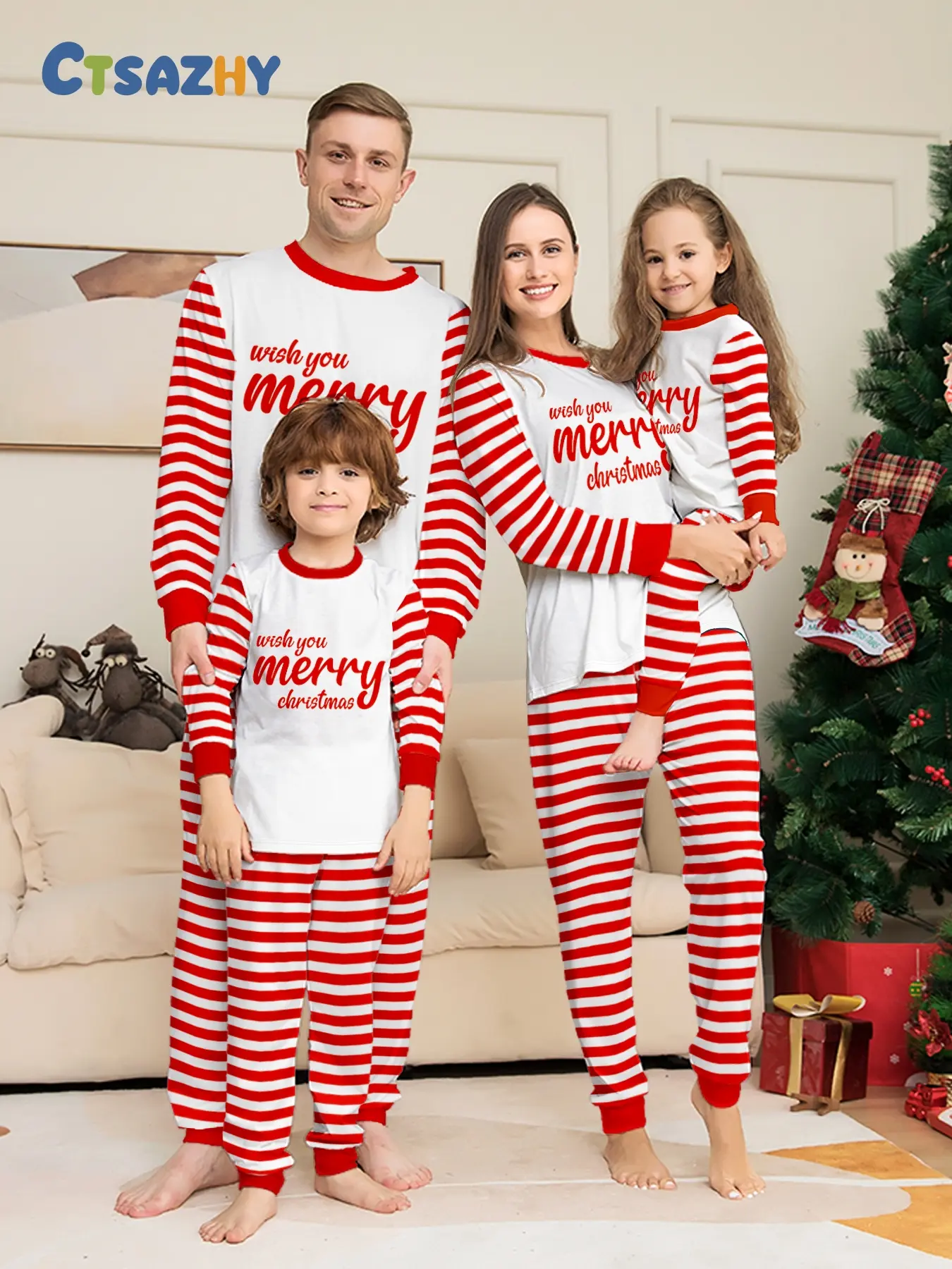 Family Matching Christmas Pajamas Set for 4, Santa & Tree Print Two-piece Loungewear with Red Trim, Soft Breathable Knit, Perfect for Xmas Photos, Party & Daily Sleep