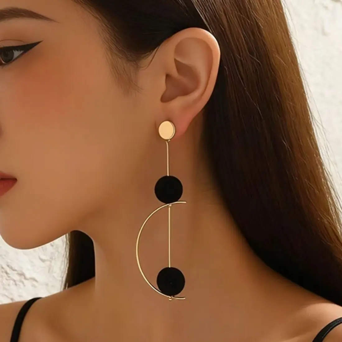 Women's Black Pom Pom Stainless Steel Crescent Moon Drop Earrings - Boho Long Dangle, Trendy Statement Jewelry, Lightweight Elegant Fashion Accessories for Evening, Date Night, Female