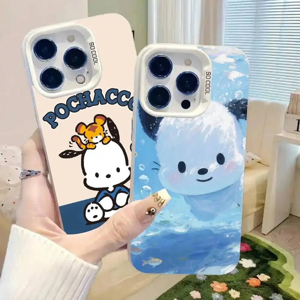 Cute Cartoon Pochacco TPU Soft Back Cover - Glam, Protective, Anti-Drop, Durable, Colorful, Transparent Mobile Phone Case for iPhone 17 Pro Max/17e/17/16/15/14/13/12/11 Mini Pro Max Air, Silver Smartphone Accessory