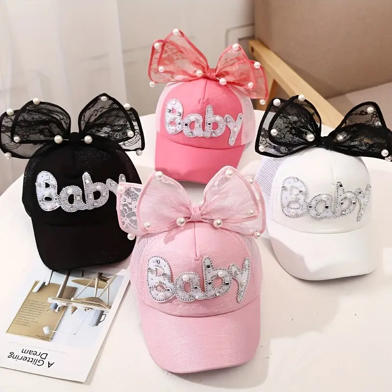 Kids Cute Cartoon Bow Letter Duckbill Cap with Adjustable Strap, Adaptable Size, Breathable Sun Protection for Daily Wear, Kids Outdoor Play