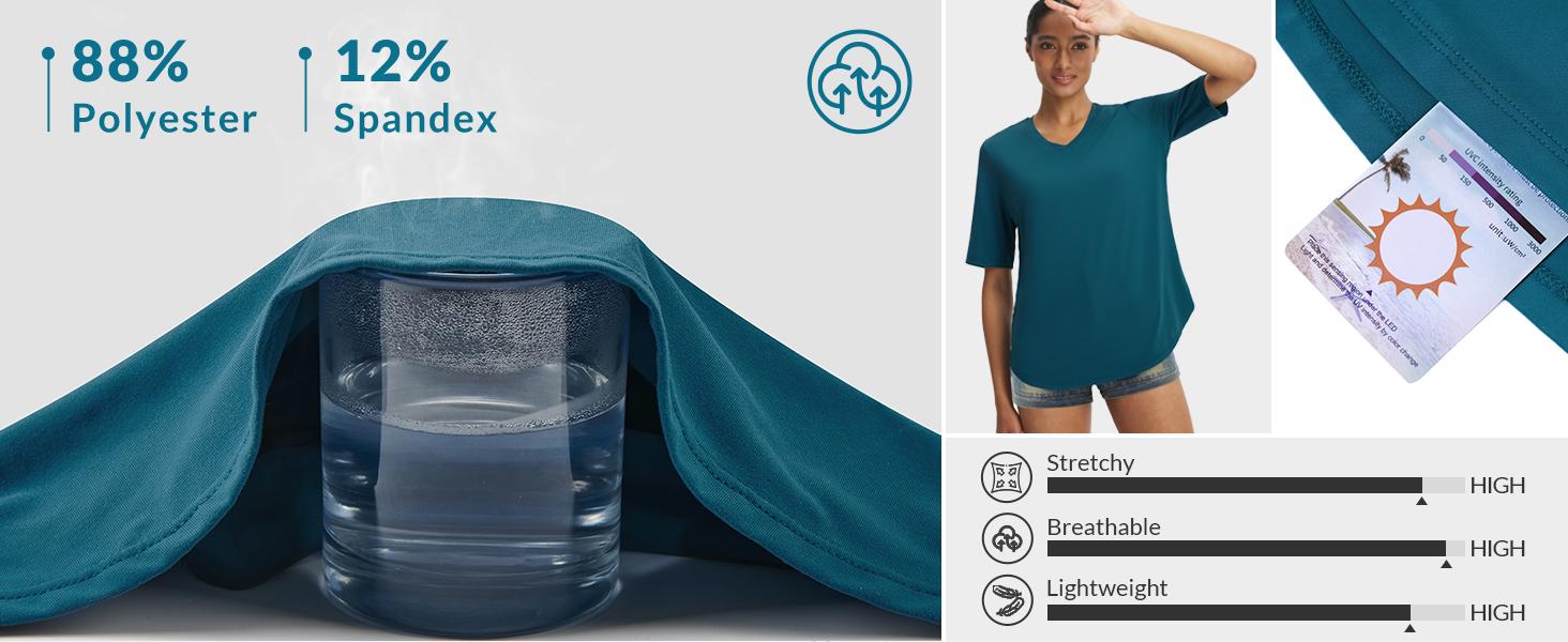 Baleaf Women's V Neck Half Sleeve Workout Top UPF 50+ Sun Protection Athletic Shirt Loose Fit with Curved Hem for Yoga and Running