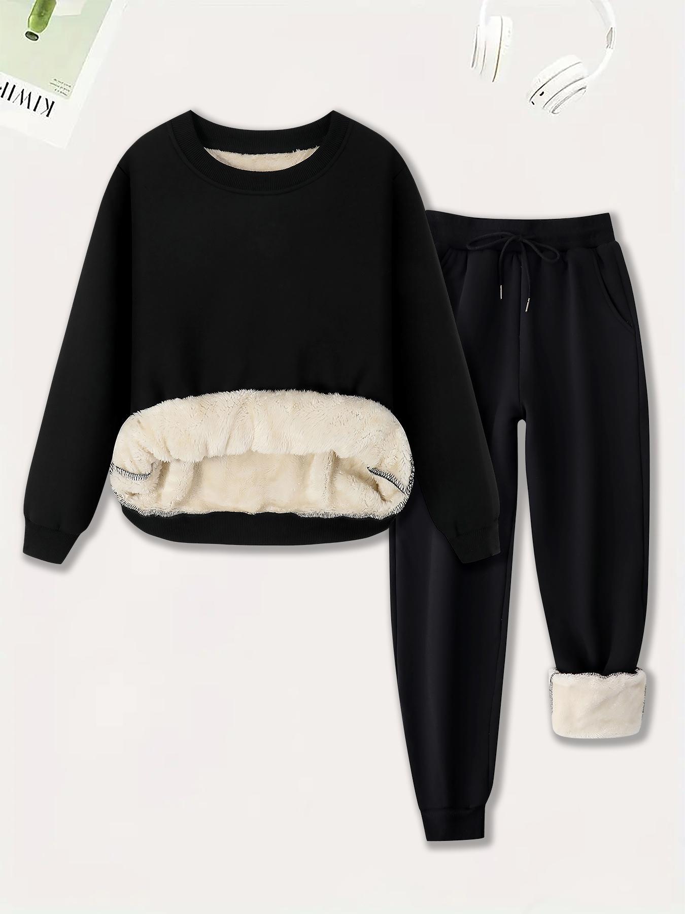 Women's Plain Soft Plush Lined Sweatshirt & Drawstring Waist Sweatpants Two-piece Set, Basic Casual Fitted Round Neck Long Sleeve Pullover & Pocket Jogger Pants, Women's Two-piece Outfits for Winter Womenswear