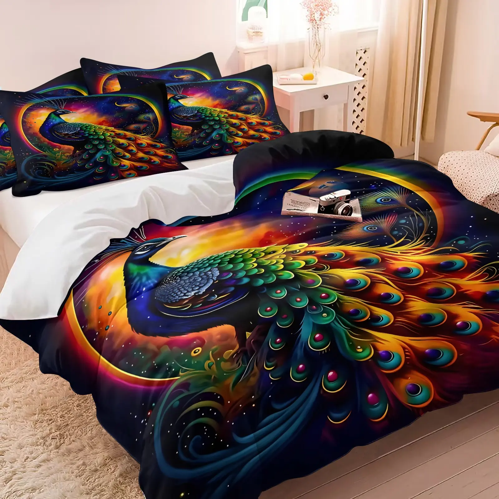 Psychedelic Galaxy Peacock Duvet Cover Set, Includes 1 Duvet Cover + 1/2 Pillowcases, Soft Comfortable Skin-Friendly Fabric, Vibrant Rainbow & Starry Night Print Bedding, Perfect Decor For Artistic Bedrooms, Boho Style Dorms & Peacock Lovers