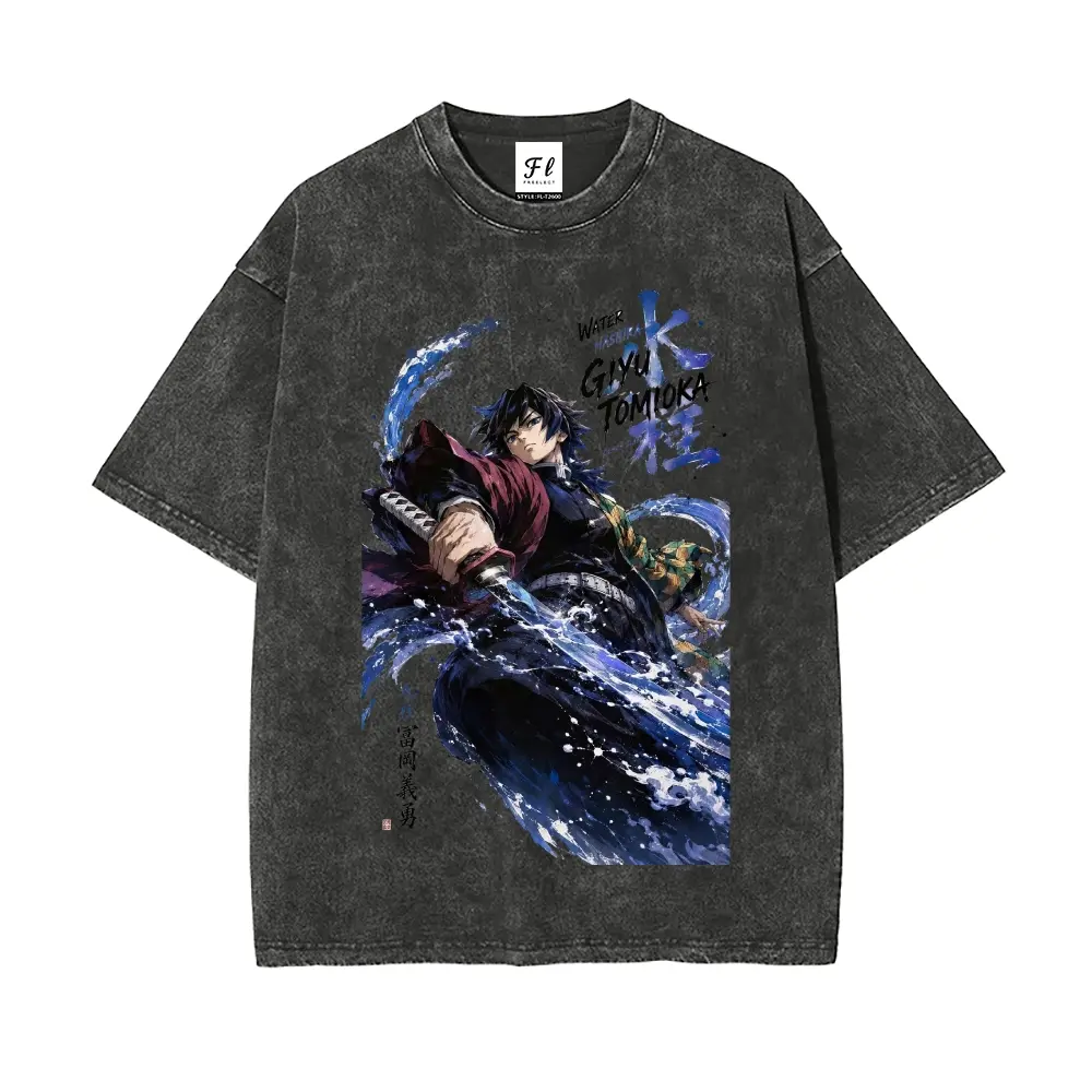 Unisex Vintage Acid Wash Oversized T-Shirt, Multiple Colors Available, Giyu Tomioka Water Hashira Splash Water Art Demon Slayer Anime Graphic Loose Fit Distressed Cotton Short Sleeve Top, Retro Manga Harajuku Streetwear Casual Tee for Teen Anime Fans Otak
