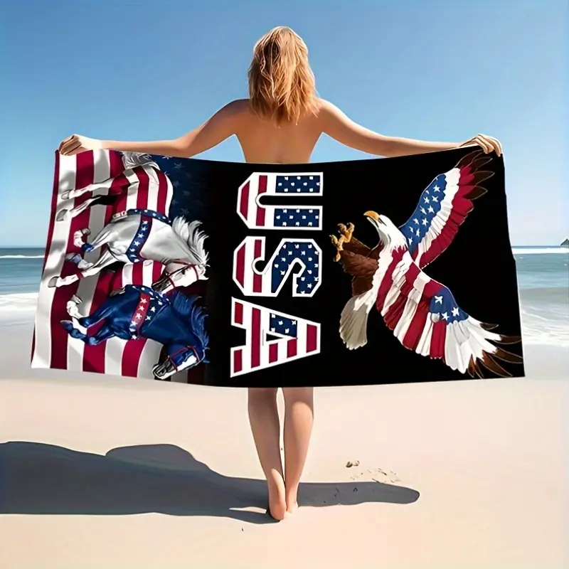 XL Luxury American Flag Patriotic Eagle-Print Microfiber Bath Towel - Essential Quick-Dry Polyester Towel for Pool & Beach, Portable Multi-Purpose Home/Bathroom Supply (Personalized Decorative Hostess Gift Option)