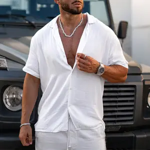 Men’s Loose Open Collar Short Sleeve Linen Shirt, Breathable Lightweight Button Down Blouse, Minimalist Solid White Top for Casual Vacation Summer Outfits and Relaxed Street Mensfashion