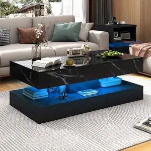39/47 Inch Modern High-Gloss Marbling Print LED Coffee Table, Double-Layer Living Room Storage Center Table With 2 Sliding Drawers & USB Powered LED Lights