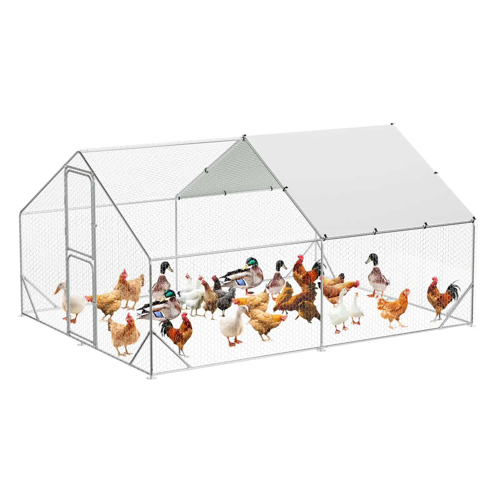 Large Metal Chicken Coop, Galvanized Steel Outdoor Spire Roof Chicken Run, Walk-in Poultry Cage with Cover for Backyard Hens
