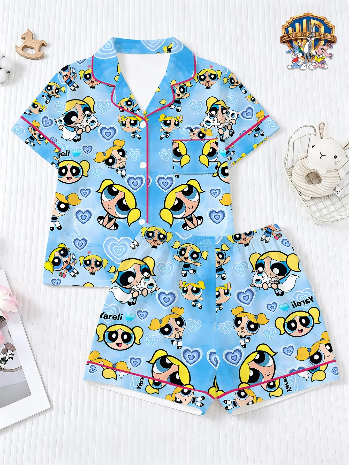 Warner Bros. Official the Powerpuff Girls Bubbles Kids Sleepwear Set, Loose-Fitting Casual Pajamas for Girls, Cartoon Pattern Pajamas, Short Sleeve and Shorts