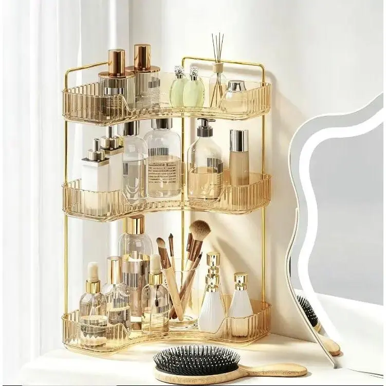 90° L-Shaped Corner Vanity Organizer (ABS Material) – 2-Tier Pearl White & 3-Tier Vintage Gold Space Saver Storage Rack, U-Shape Easy Access Anti-Fall Guardrail, Rustproof Metal Frame, Tool-Free Detachable Caddy for Apartment Use, Dorm Room Gift Ideas