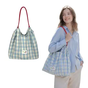 1pc Plaid Gingham Canvas Tote, Aesthetic Tote, box-style multifunctional cosmetic shoulder bag with contrast rope handle, decorative label detail, red rope strap, lightweight storage pouch, great for commute, school and outdoor makeup essentials storage