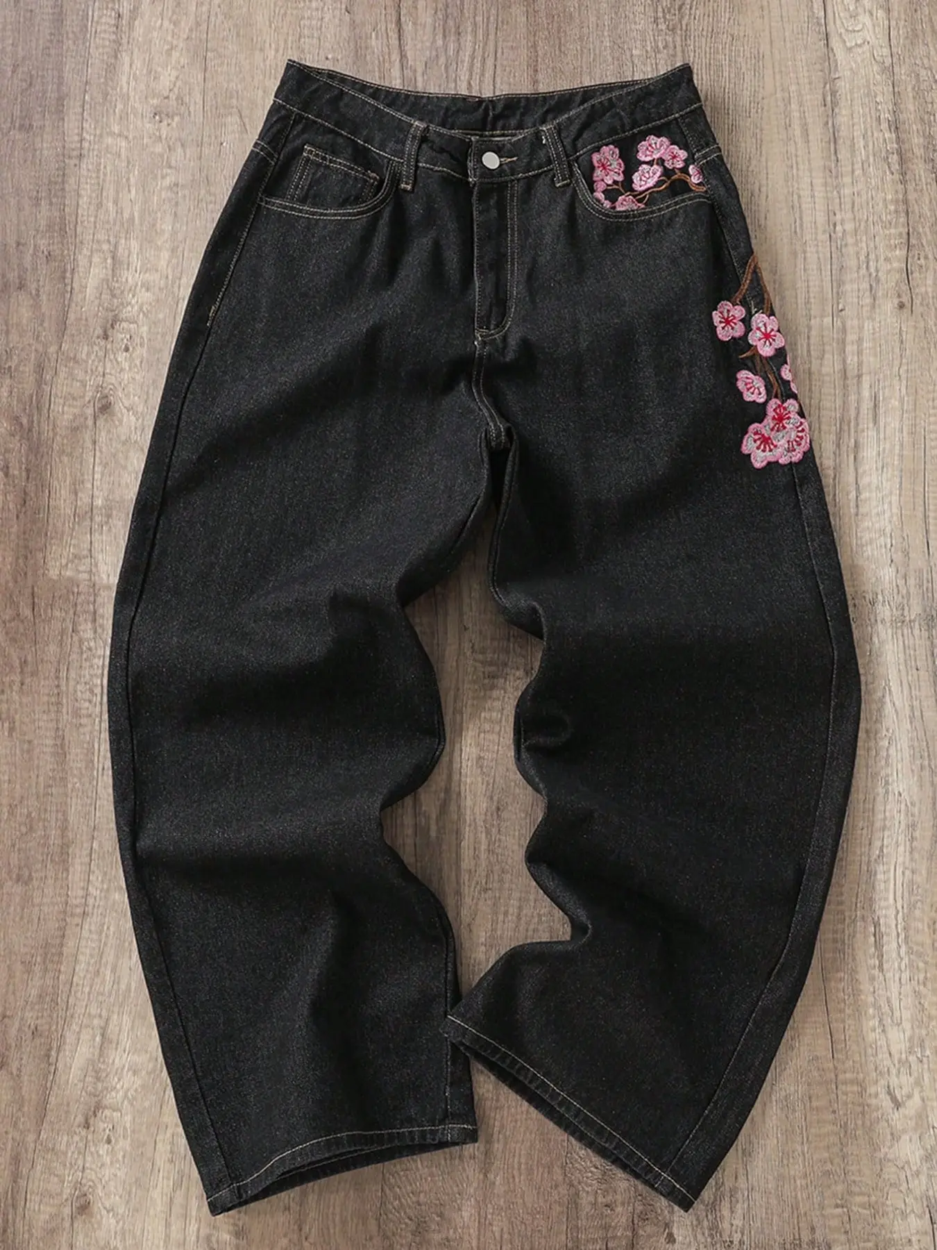 Men's Embroidered Jeans, Baggy Jean, Streetwear Denim Pants, Artistic Floral Cherry Blossom Design, Loose Fit Wide Leg Straight Pants, Y2K Streetwear, Multiple Sizes Available