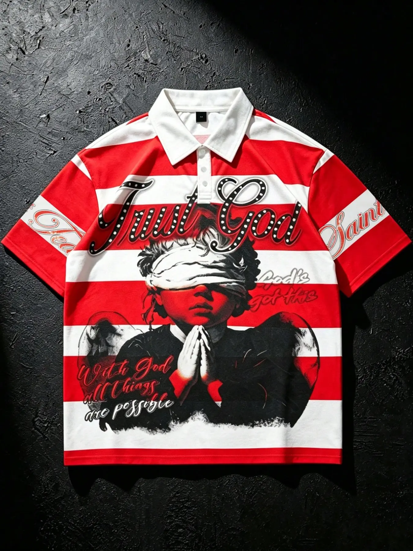 Angel Brand Men's Striped Short-Sleeve Oversized Polo Shirt, Red and White Stripes, Breathable Quick-Dry Mesh Fabric, Trendy Campus Style with Praying Boy Graphic Print