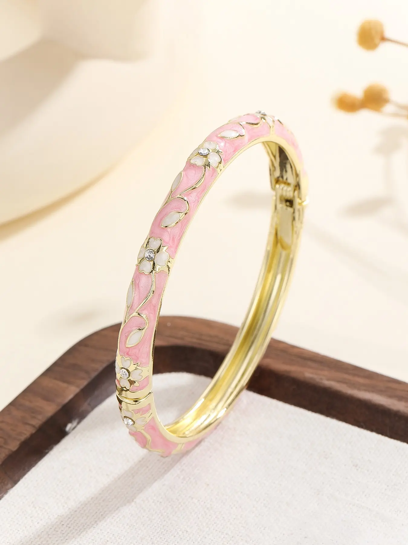 Cloisonné Style Hinged Enamel Bangle for Women, Gold Plated Floral Vine Cuff with Sparkling Crystal Accents, Elegant Vintage Jewelry Gift, Flower Design Bracelet