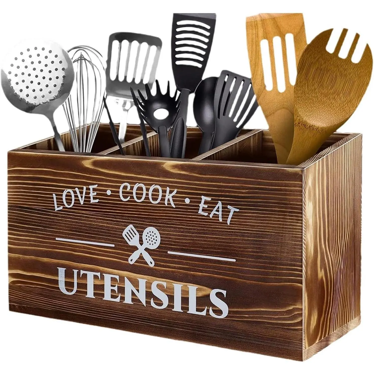 Wooden Kitchen Utensil Holder, Rustic Utensil Caddy Utensil Crocks With 3 Compartments For Kitchen Counter, Farmhouse Wood Flatware Utensil Organizer Storage Box For Silverware Fork Spoon Spatula