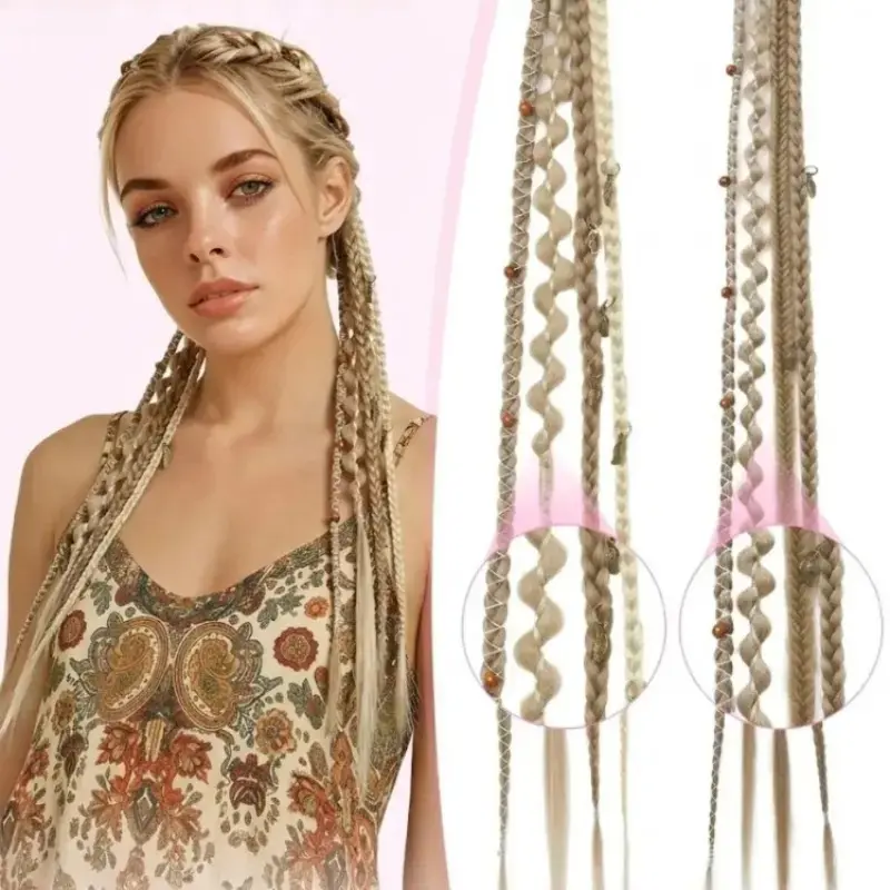 【Summervibes】2Pcs 20 Inch Clip In Braid Hair Extensions, Boho Handmade Dreadlock Hair Pieces with Beads Charms, Soft Synthetic Braided Hair Accessories, Easy Wear Fashion Hair Decor for Daily Look Cosplay & Party Styling