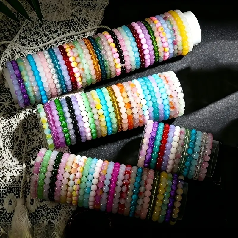 Unisex 45-55 Piece Handmade Mixed Color Round Glass Bead Bracelets, Elastic Stretch Casual Daily Jewelry, Round Beaded Bracelets & Bangles, Beads