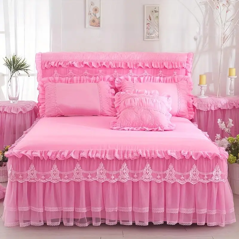 Princess Lace Bed Skirt - Water-Washed Cotton Bedding Accessory with Delicate Lace Trim, Ruffled Hem, Machine-Washable Snug-Fit Design, All-Season Use, Included Pillowcases, Bedroom Decor, Bedding Accessories, Girl Room Decor, All Season Bedding