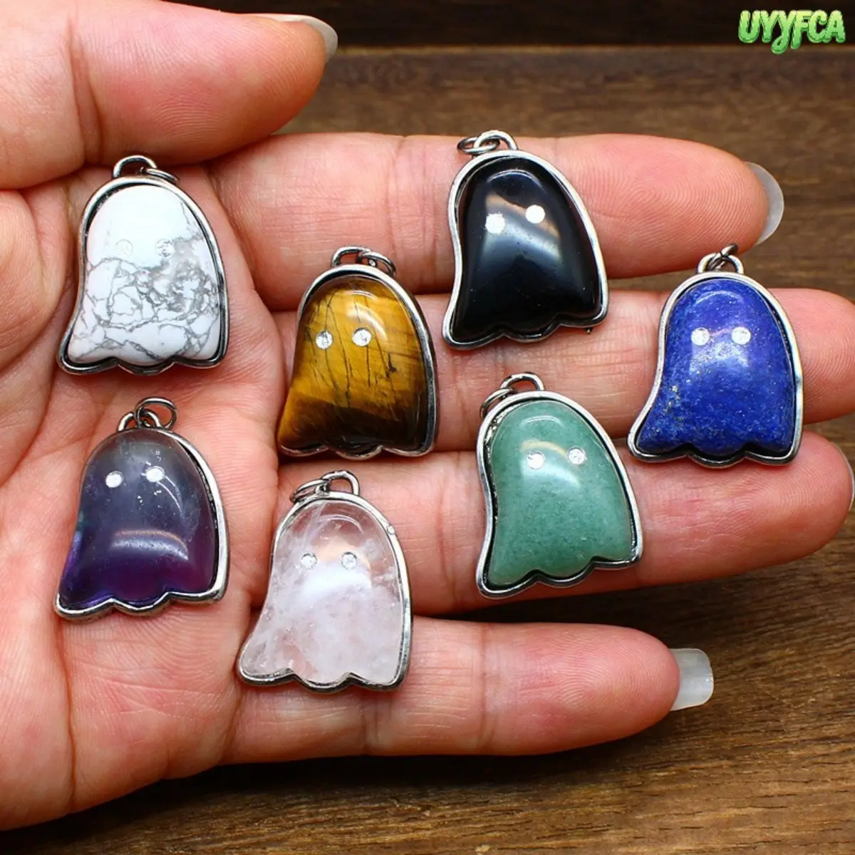 Cute Natural Crystal Stone Ghost Pendant - Metal Wrapped Charm Piece, Jump Ring-Included DIY Necklace Accessory for Halloween Wear, Casual Daily Matching & Handmade Craft Projects