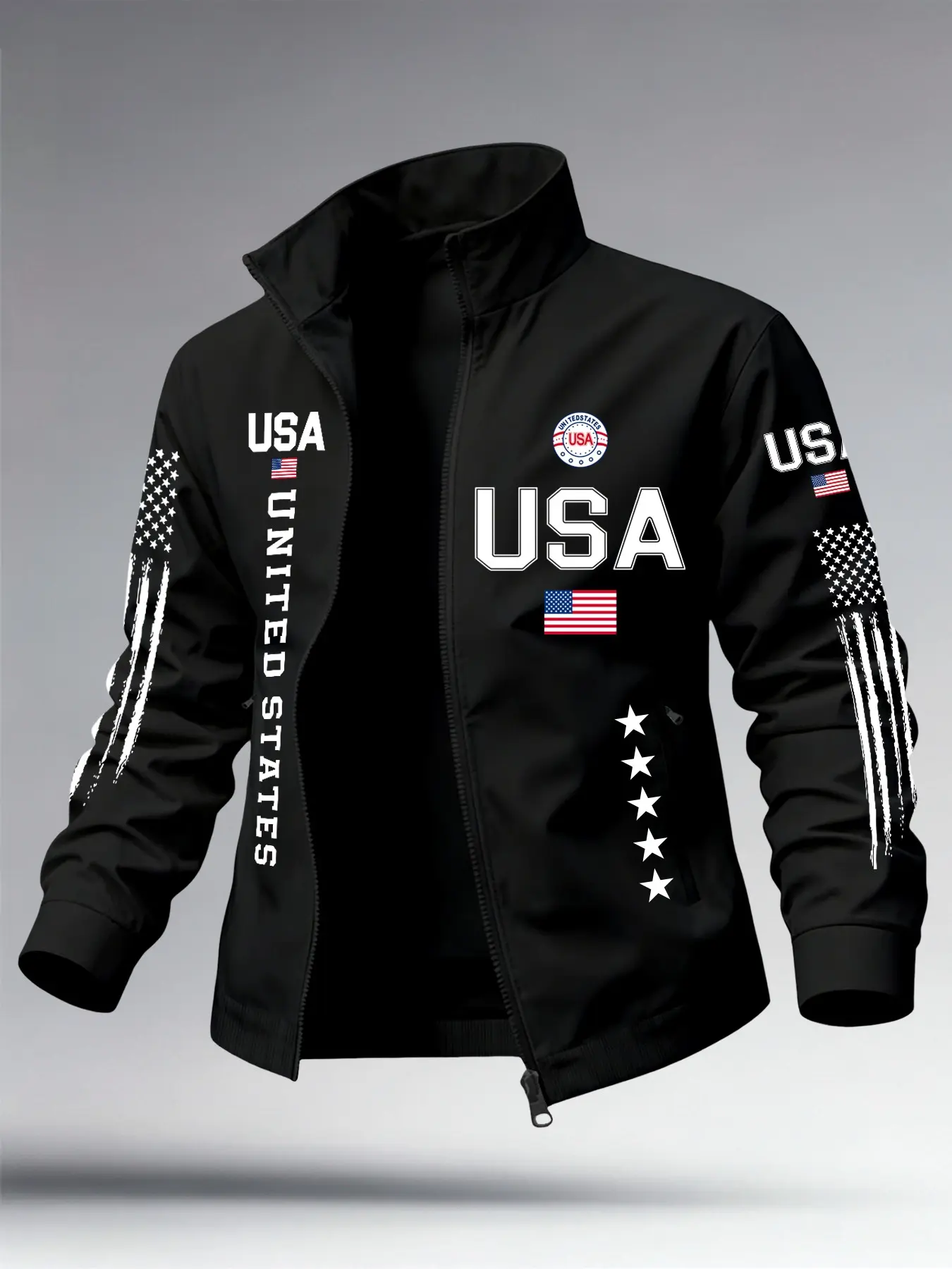 Men's Usa Flag Print Lapel Jacket, Spring Fall Lightweight Zipper Open Front, Daily Sporty Casual Comfortable Outerwear