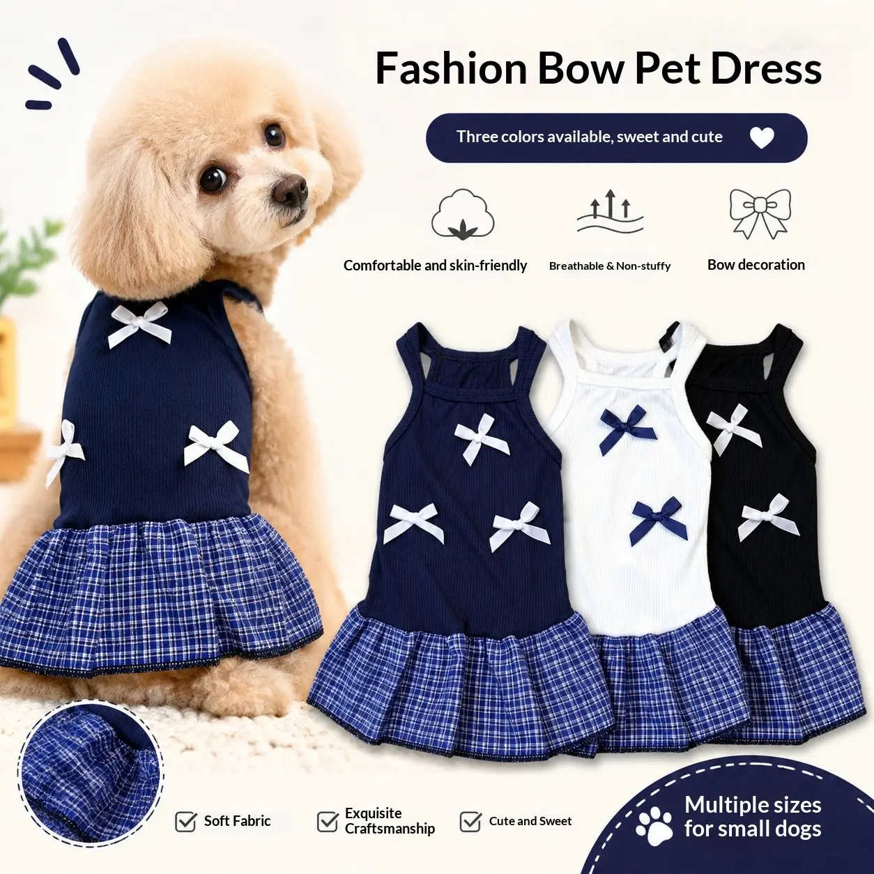 Academic Style Bow Pet Dress, Striped Knit Halter Dog Dress, Breathable Sleeveless Pet Clothing, Ideal for Small Dogs and Cats