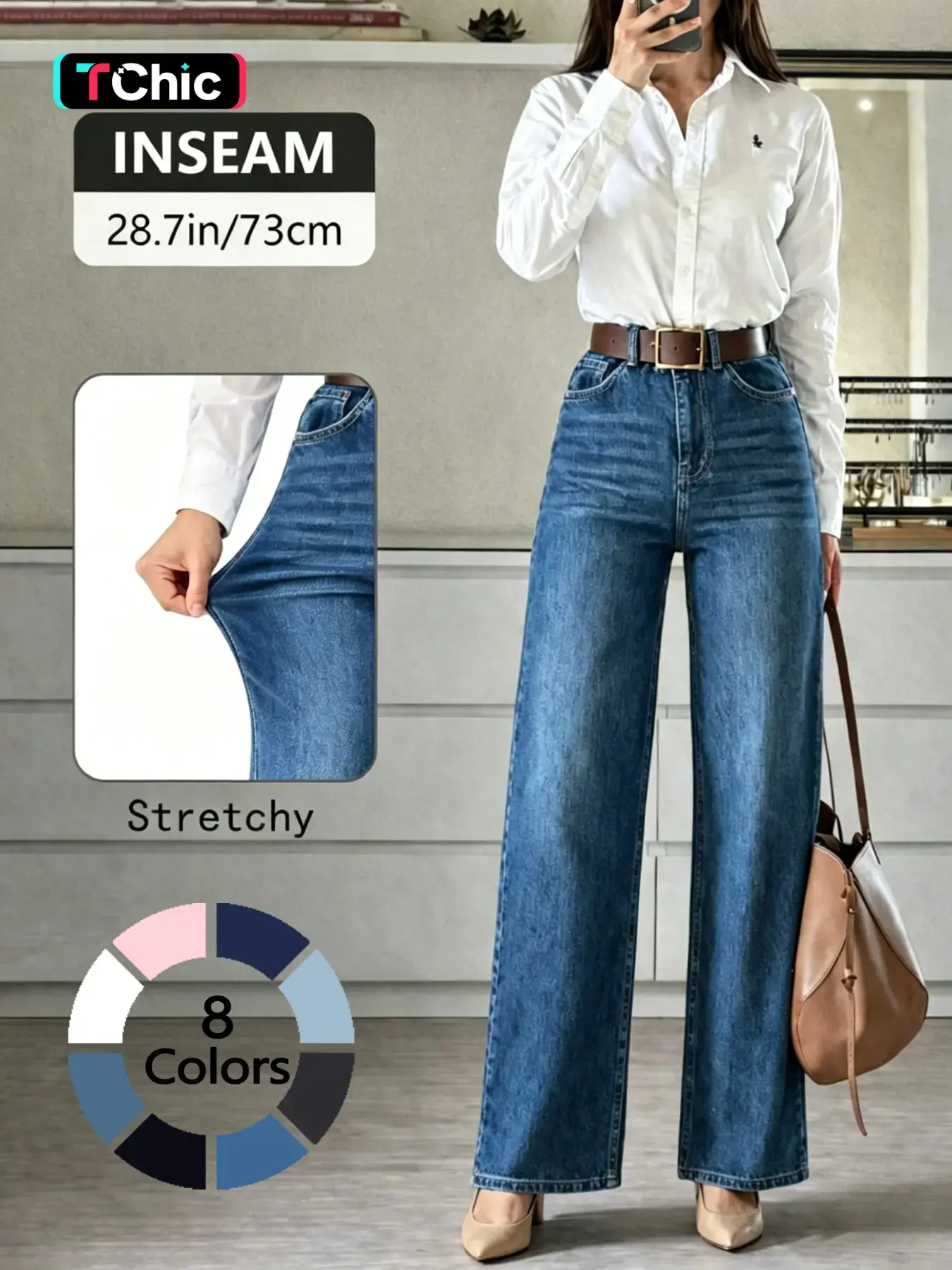 Women's High Elasticity Denim Jeans, Casual Loose Fit Wide Leg Pants, All Seasons Fashion, Plain Pattern, Comfortable and Stylish