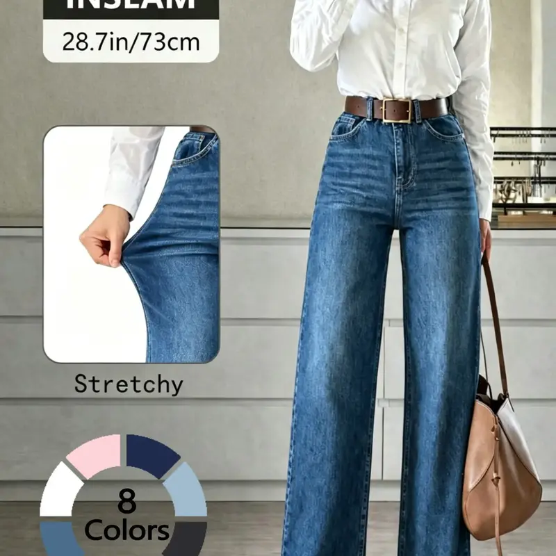 Women's High Elasticity Denim Jeans, Casual Loose Fit Wide Leg Pants, All Seasons Fashion, Plain Pattern, Comfortable and Stylish, Fashion Jean Bottoms