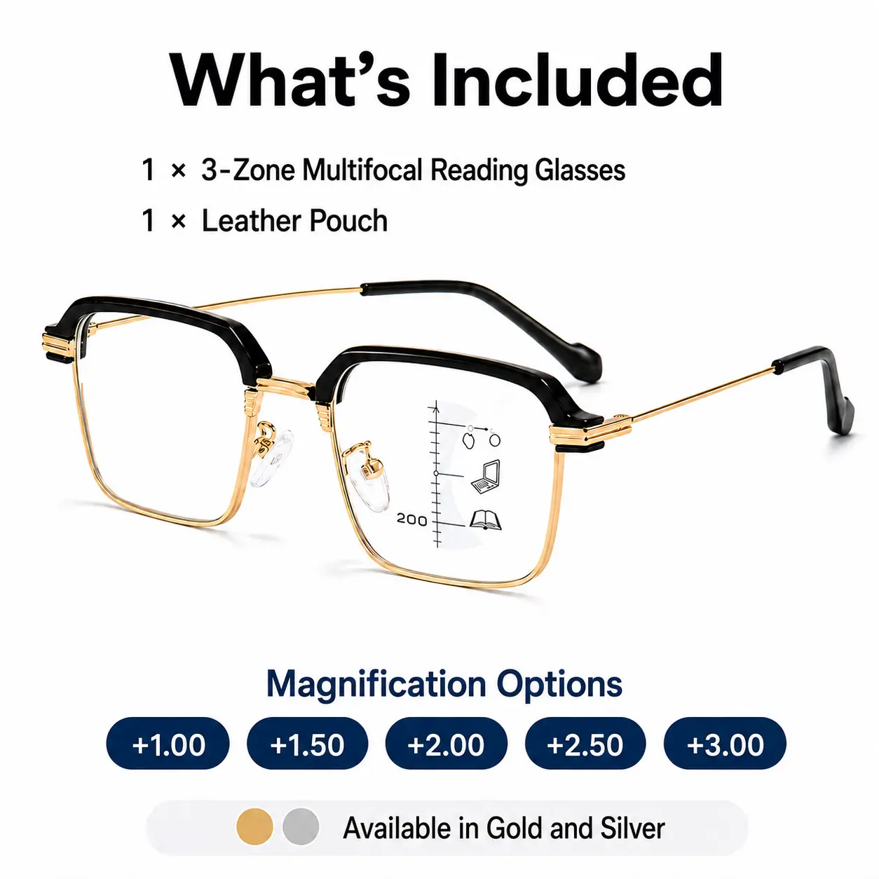 Photochromic Multifocal Reading Eyeglasses - Lightweight 3-Zone Lens, Blue Light Blocking, UV Protection, Black & Gold Semi-Rimless Frames for Men, Work & Travel, +1.00 to +3.00 Strengths, Black And Gold Frame, Unisex, Blue Light Blocking Lens, Photochrom