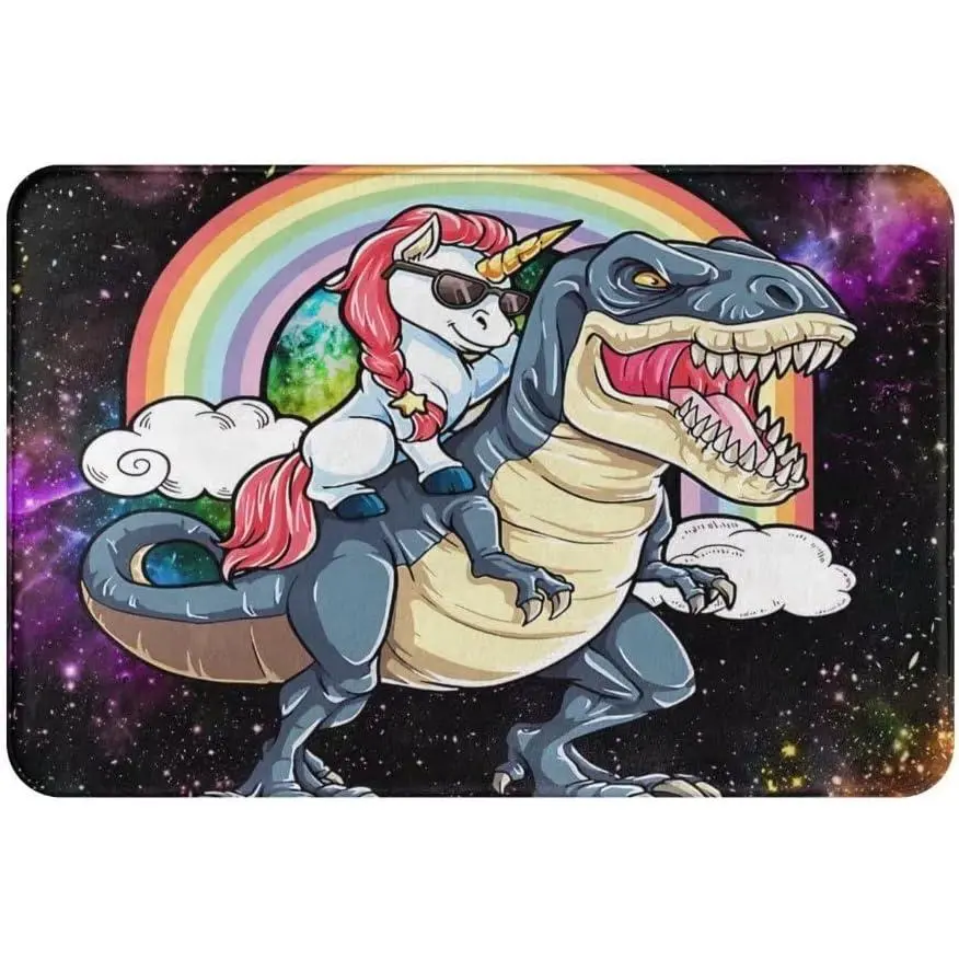 Funny Dinosaur Bath Mats for  Boys Childs, Galaxy Space Cute Unicorn Riding Dinosaur Bathroom Rugs, Non Slip Soft Entryway Door mat Living Room Bedroom Kitchen  Decor 16 x 24 in - Small