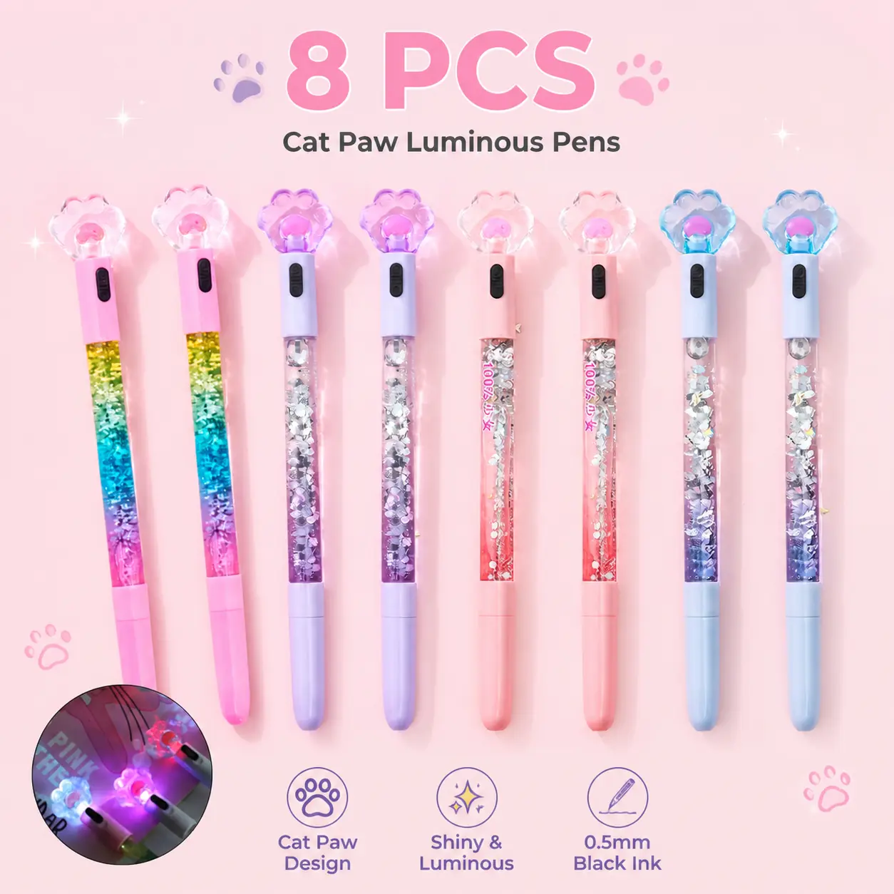 8 Pcs Cute Pens Fun Pen, 0.5mm Cat Paw Shiny Luminous Ballpoint Pen, Korean Japanese Stationery School Supplies  Teen Girls Women, Black Writing New model