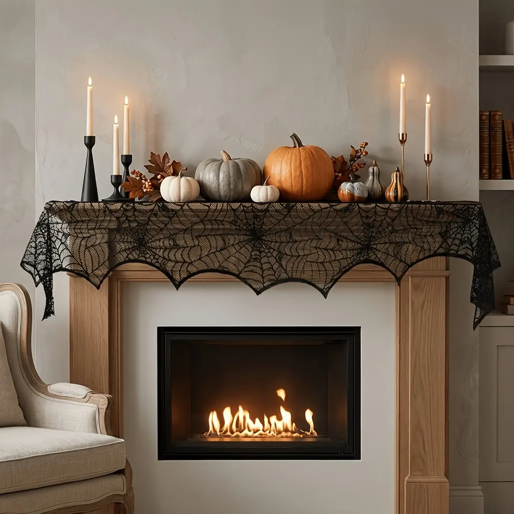 Halloween Fireplace Scarf, Lace Spider Web Fireplace Decor, Indoor Party Fireplace Cover, Festive Tabletop Atmosphere Decorations