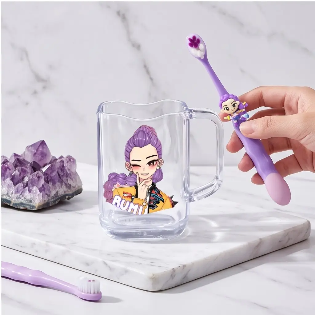 Cute Cartoon Character Toothbrush Cup Set, Acrylic Mouthwash Cup with Handle, Fun Bathroom Water Cup, Modern Bathroom Accessory, Gift for Birthday and Back-To-School