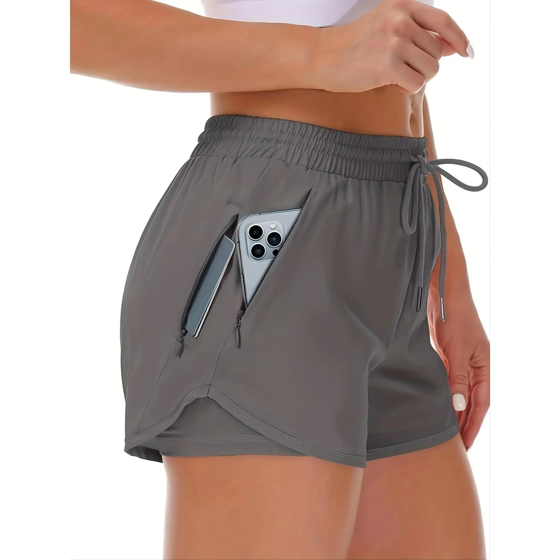 Beige Women's Casual Shorts - Stretchy Lycra, Drawstring Waist, Multiple Pockets Running and Fitness, Casual Sportswear |     Casual Fit |     Stretchy