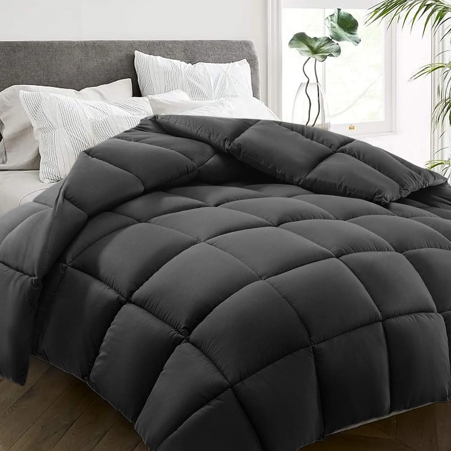 88x88" Queen Size Cooling Down Alternative Duvet Insert, All Season Quilted Bed Comforter with Corner Tabs, Machine Washable Dark Grey Indoor Bedding
