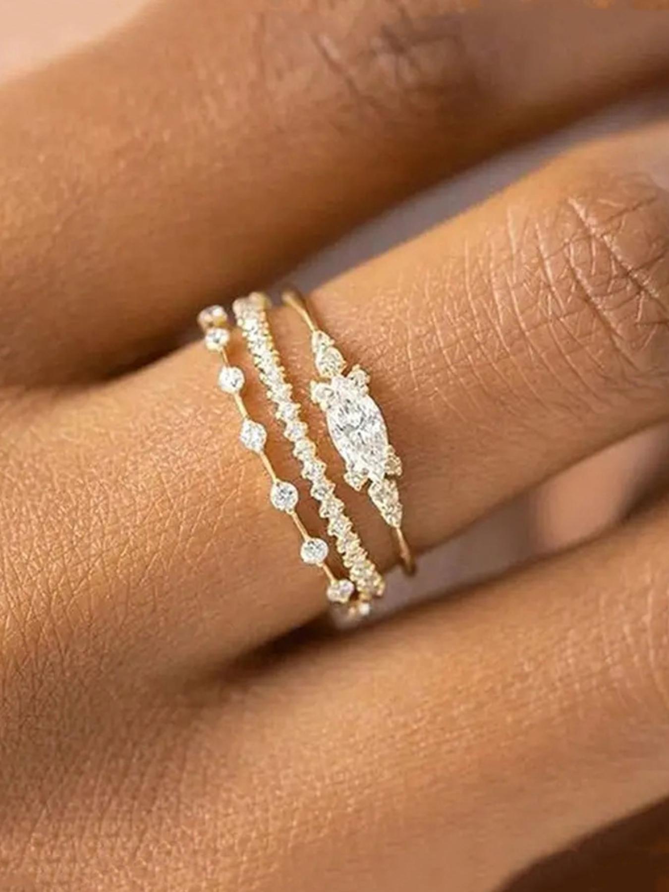 Women's Elegant Rhinestone Decor Promise Stack Rings, 3pcs/set Trendy Exquisite Engagement Rings, Chic Fashionable Jewelry As Gift for Women and Girls, Solitaire Stackable Rings