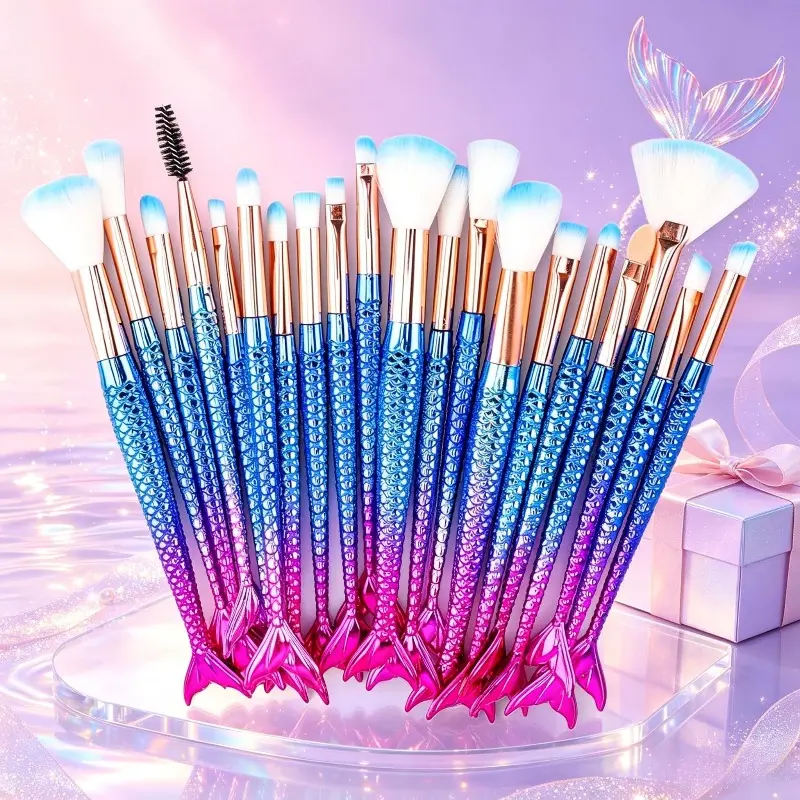 20pcs Color Gradient Electroplated Mermaid Tail Makeup Brush Set, Complete Professional Beauty Tools for Eyeshadow, Blush & Blending, Portable Storage Brushes for Girls, Daily Cosmetics for Students, Christmas & Birthday Gifts