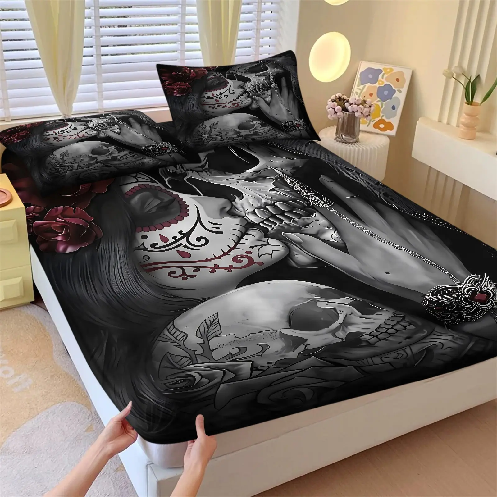 Vintage Day of Dead Rose Skeleton Sketch Full Wrap Fitted Sheet Set, Include 1 Bedspread and 2 Pillowcases, Dark Tattoo Art Sugar Skull Floral Pattern Bedroom Mattress Cover, Washable All Season Bedcap for Home Themed Dorm Room