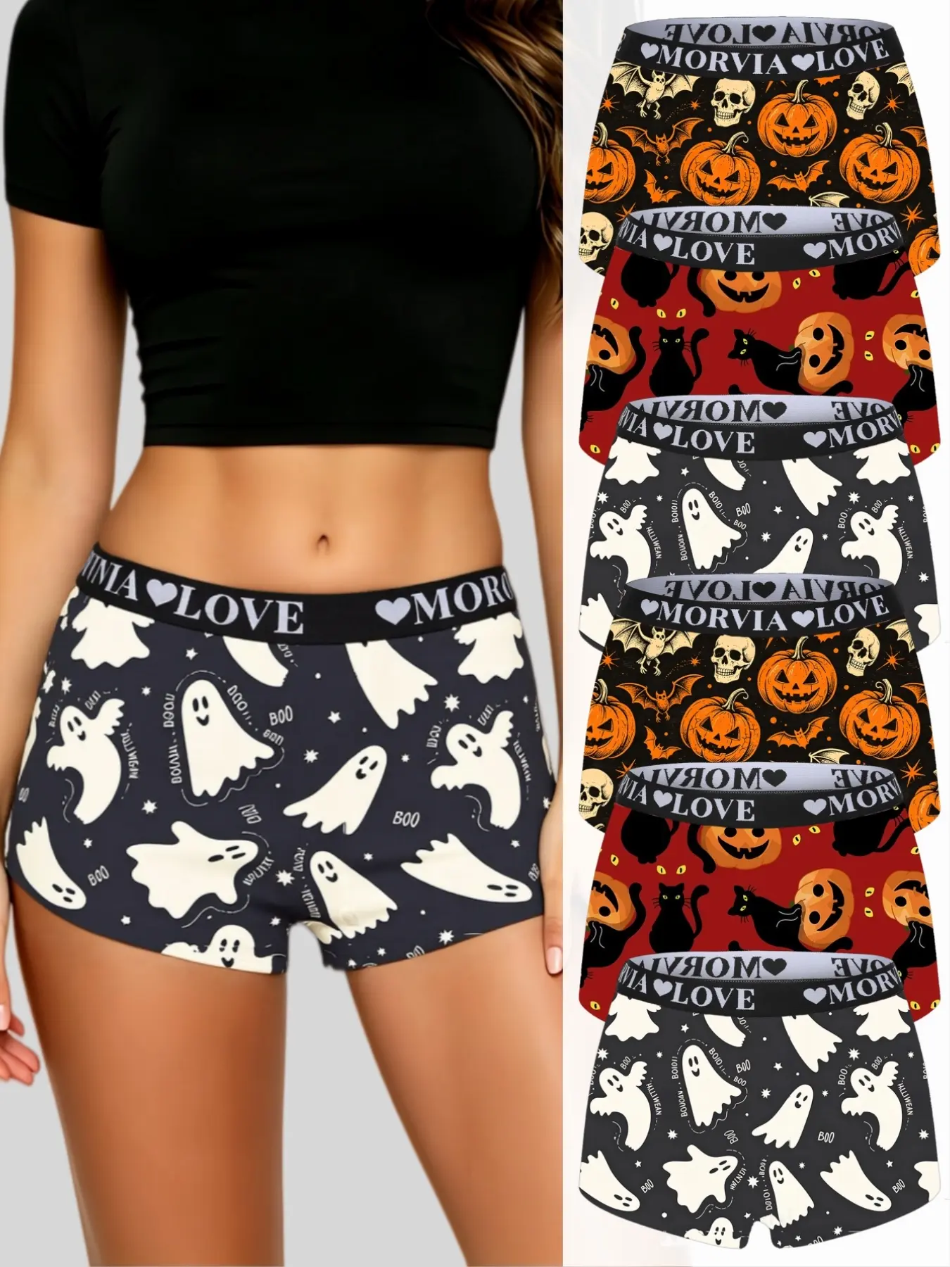 6-Pack Halloween Gothic Women Boxer Briefs, Panties, Soft Stretch Boyshort Underwear with Ghost, Pumpkin, Bat Cartoon Prints, Elastic MORVIA LOVE Heart Waistband
