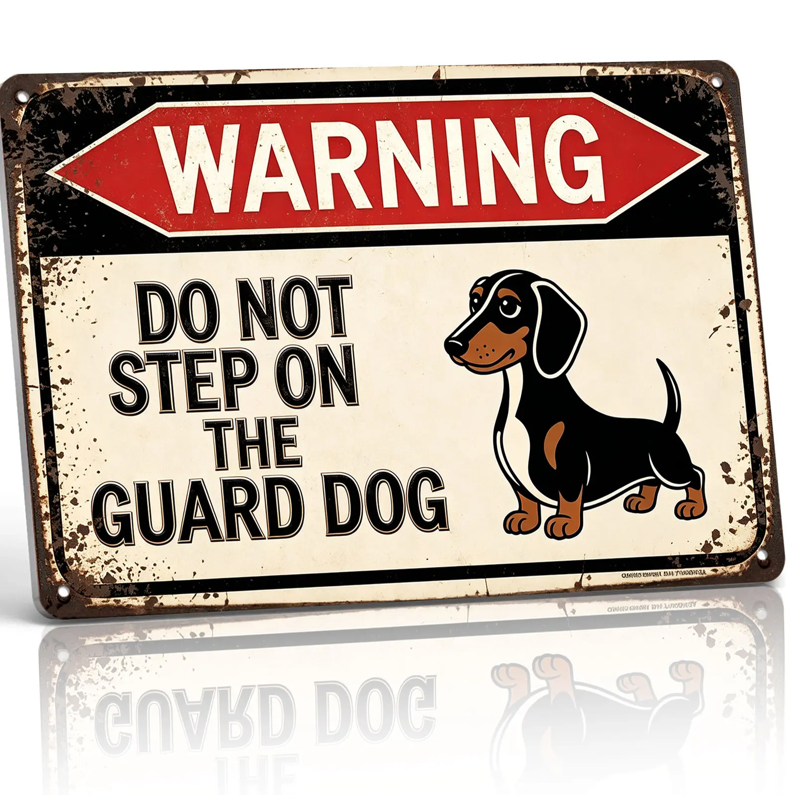 Retro Rustic Aluminium Metal Wall Sign (8x12 in) - Waterproof, Pre-Drilled, Wall Mount Dachshund Guard Dog Cartoon Decor Plaque with Humorous Text, Daily Home Supplies for Outdoors Front Yd Fence, Novelty Gift for Sausage Dog Lovers, Room Decor