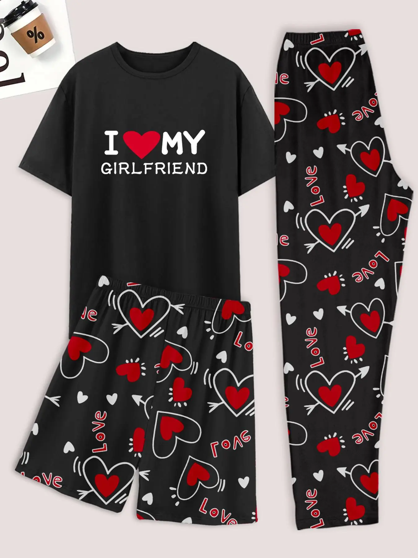 Men's Casual Loungewear Sleepwear Pyjama Sets Pajamas Knit 3 Piece Set with Heart Print Shorts, T-Shirt with 'i Love My Girlfriend' Design, Comfy Home Apparel Night Sleepwear