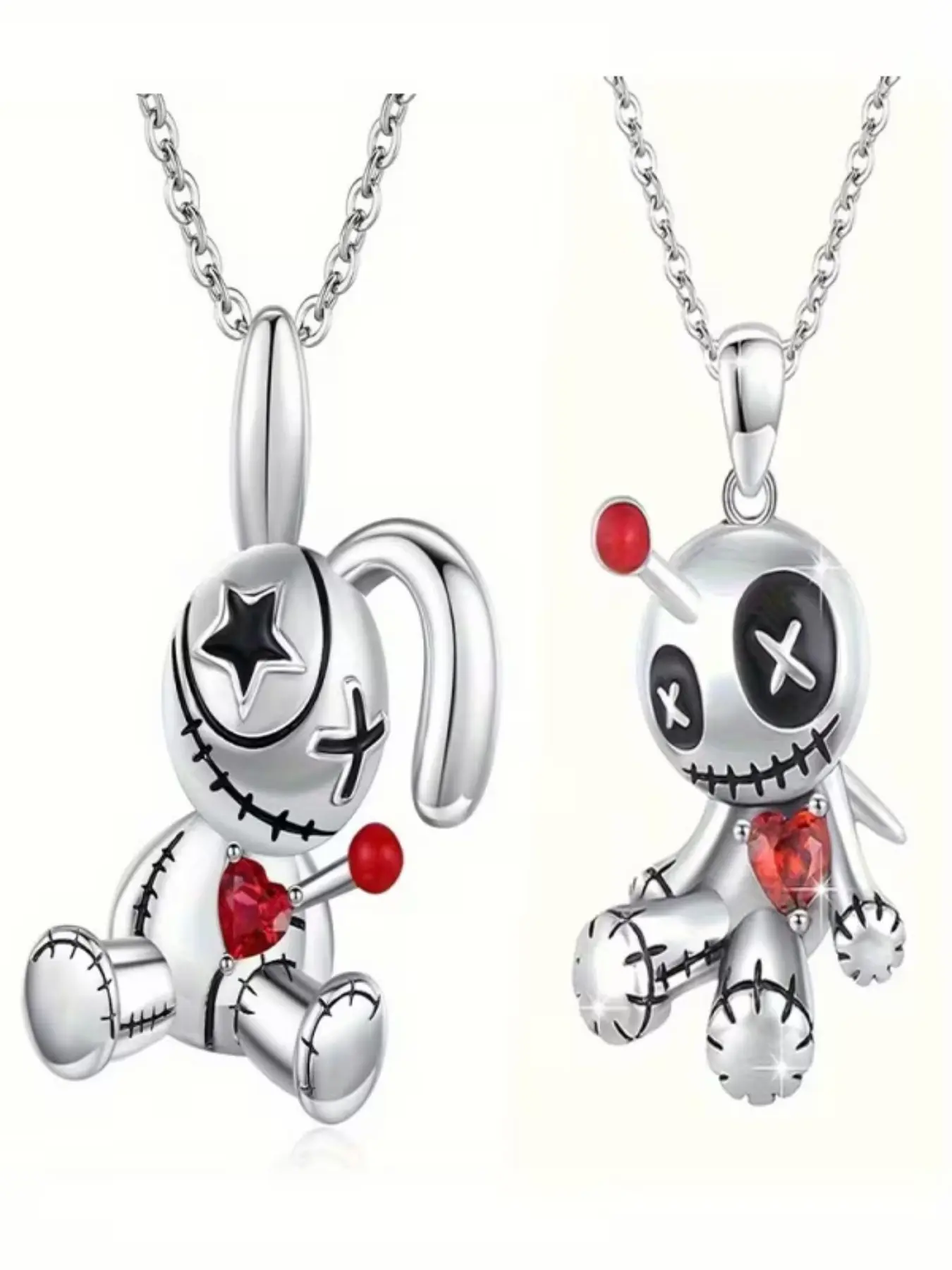 2-Piece Creative Funny Voodoo Doll Heart Pendant Necklace, Unisex Punk Cartoon Festival Accessory, Halloween Gift, Retro Style