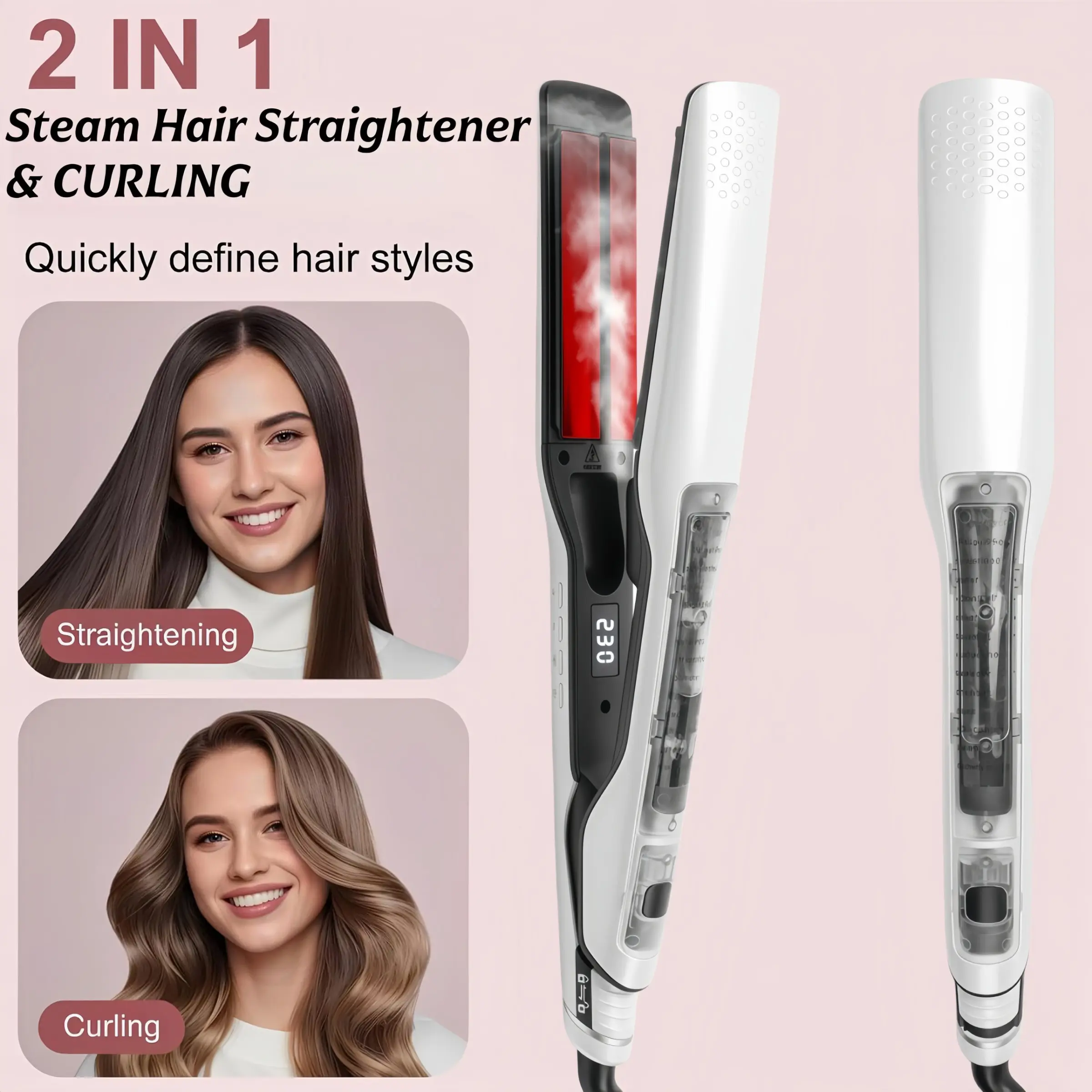 Fast Heating Dual Voltage Steam Hair Curler and Straightener 2-in-1 - Professional Ceramic Wide Plate Steam Flat Iron, with LCD Display, 14 Adjustable Temperature Settings, Water Tank Hair Care Steam Anti-Scald Design Straightener Hair Styler