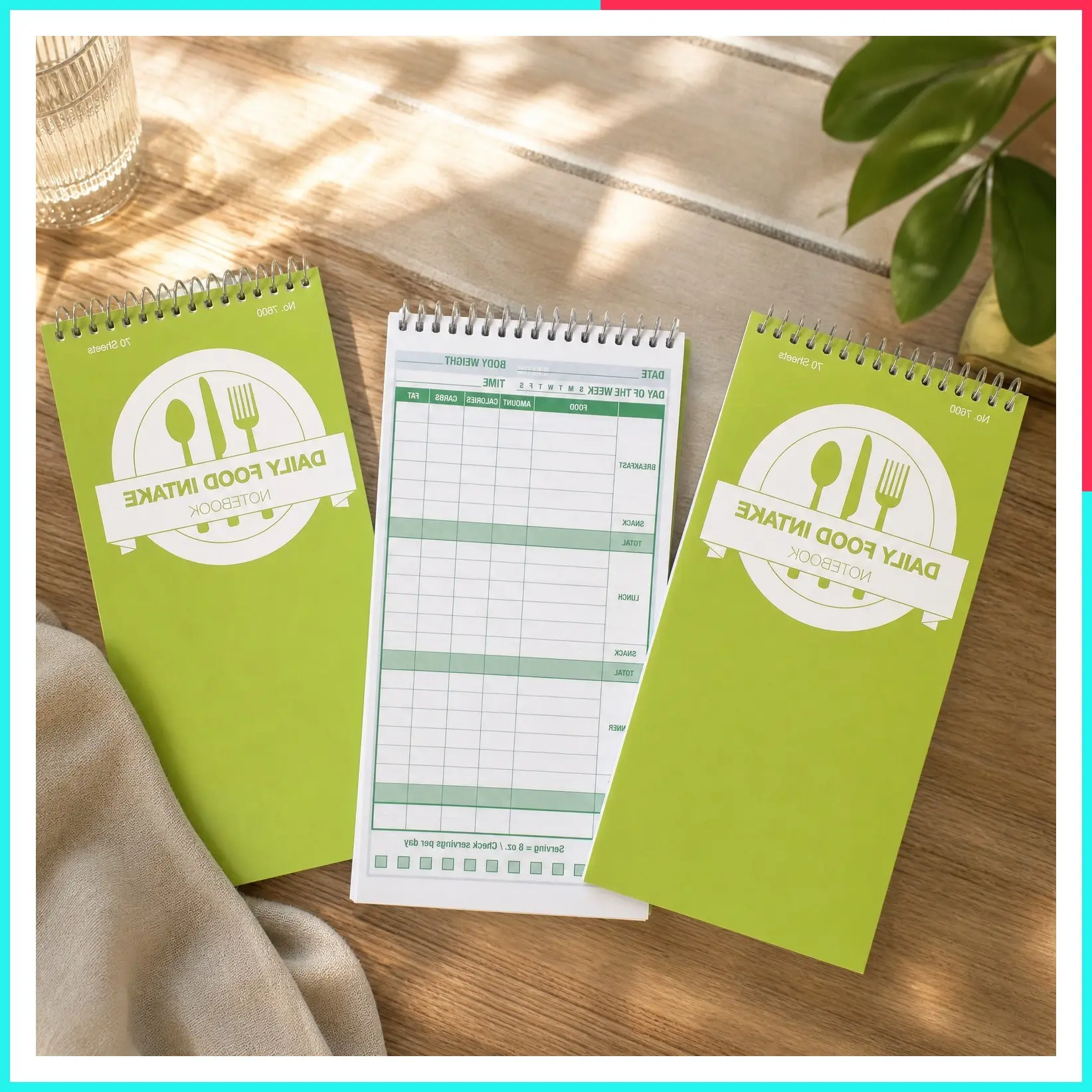Diet Journal Notebook for Daily Food Intake - Calorie Tracker Template, Meal Tracker, 4 x 8 Inches, 70 Sheets, 140 Pages, Pack of 3